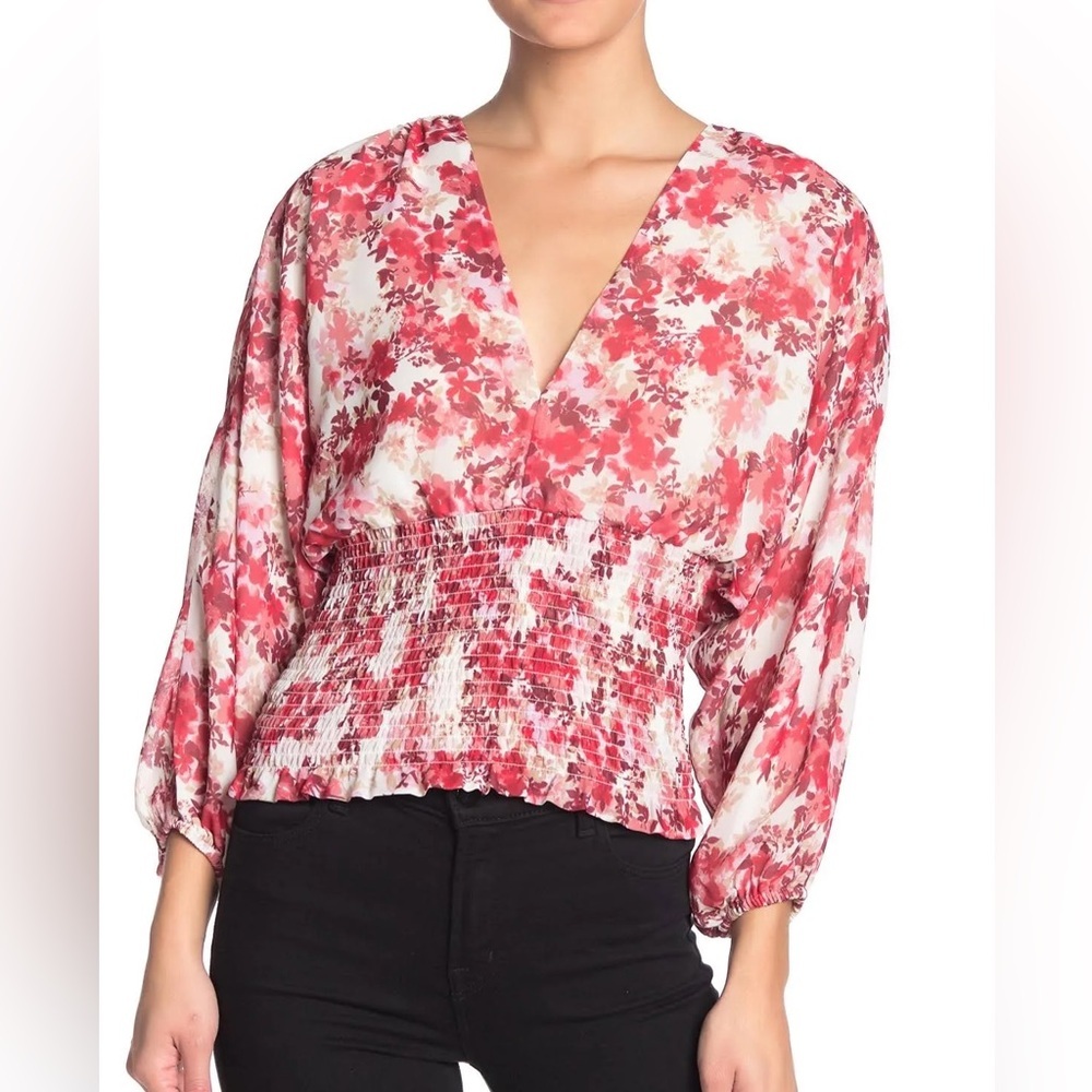 WAYF Floral Smoked Bottom Blouse